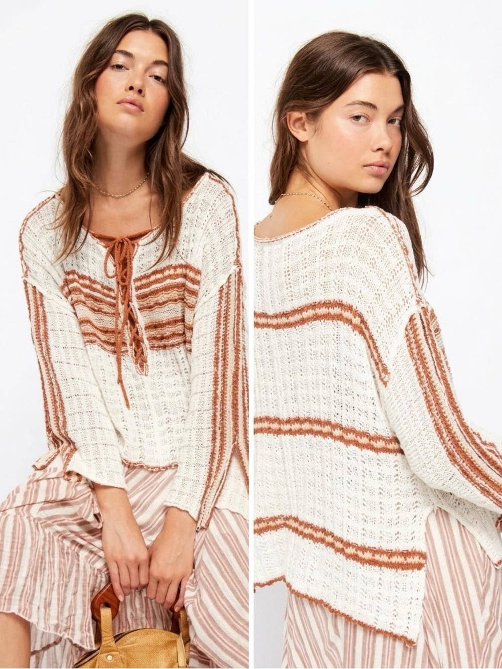 Free People Marina Bay Lace Up Sweater In Tanlines Combo